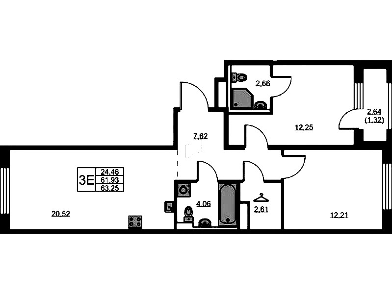 2-комнатная квартира 63.25 м², 3/9 эт., ЖК «GloraX Новоселье»
